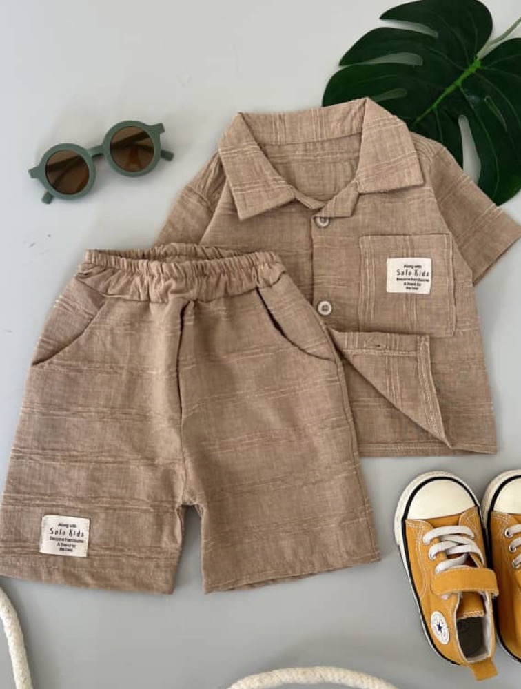 ست پیراهن و شلوارک پسرانه کرمی تیره