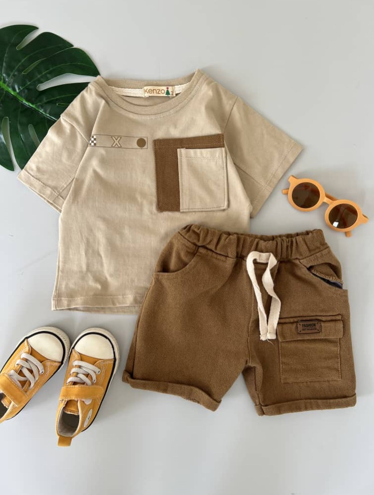 ست تیشرت شلوارک جیب دار کرمی