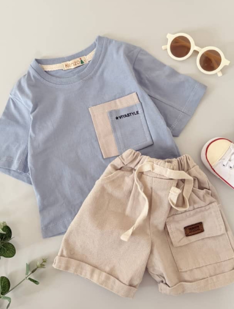 ست تیشرت شلوارک جیب دار آبی آسمانی