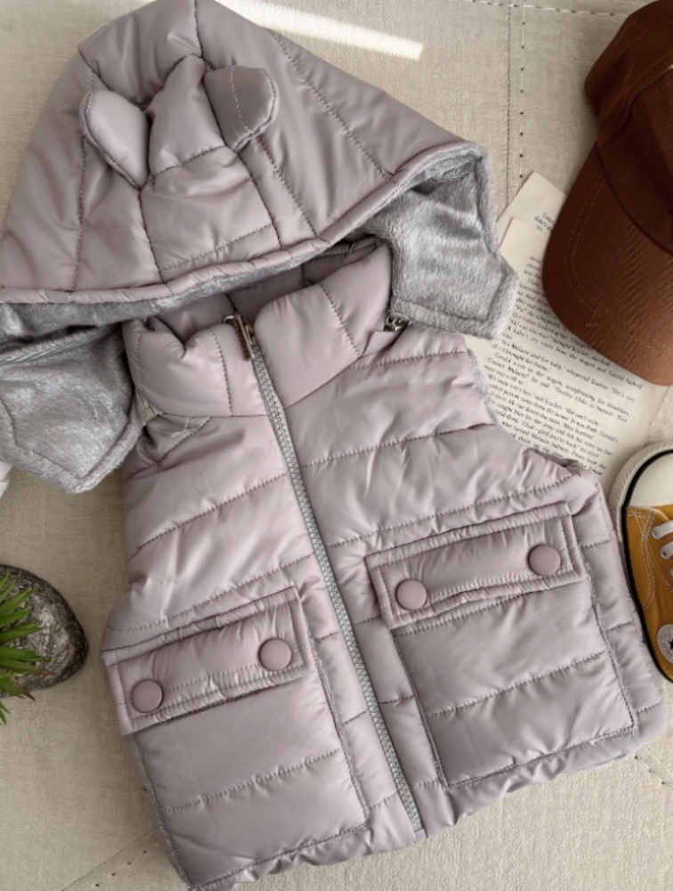 پافر کلاه خرگوشی جیب دگمه طوسی